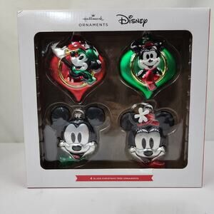 Set Of 4 ~ Hallmark ~ Disney Mickey & Minnie Glass Christmas Tree Ornaments NIB